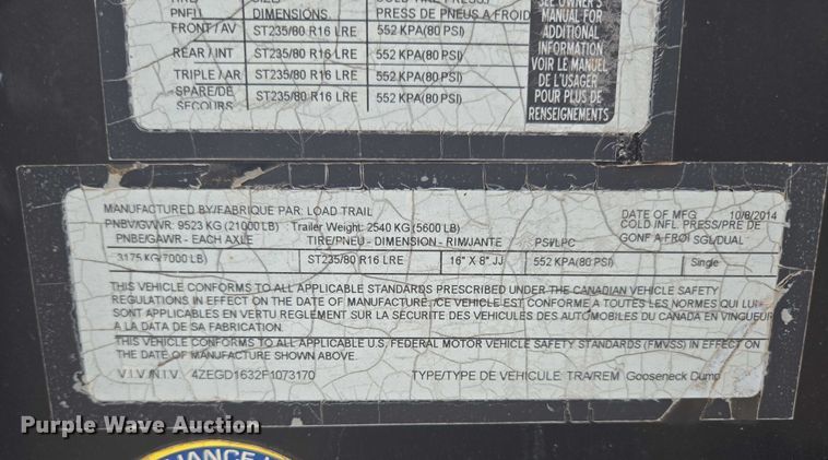 image for item EN2097 2015 Load Trail dump trailer