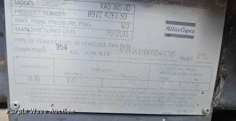 image for item EO1611 2013 Atlas Copco XAS 185 JD air compressor
