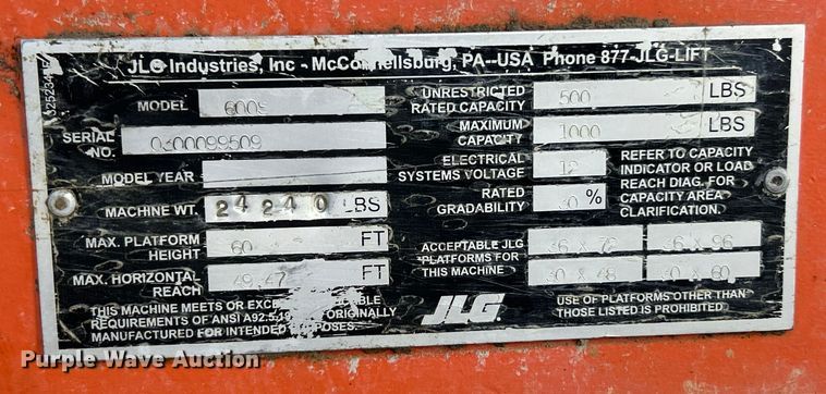 image for item ET3020 2006 JLG 600S boom lift