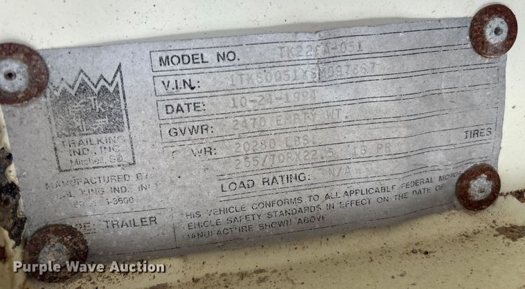 image for item ET8512 1995 Trail King TK22FA-051 booster Axle