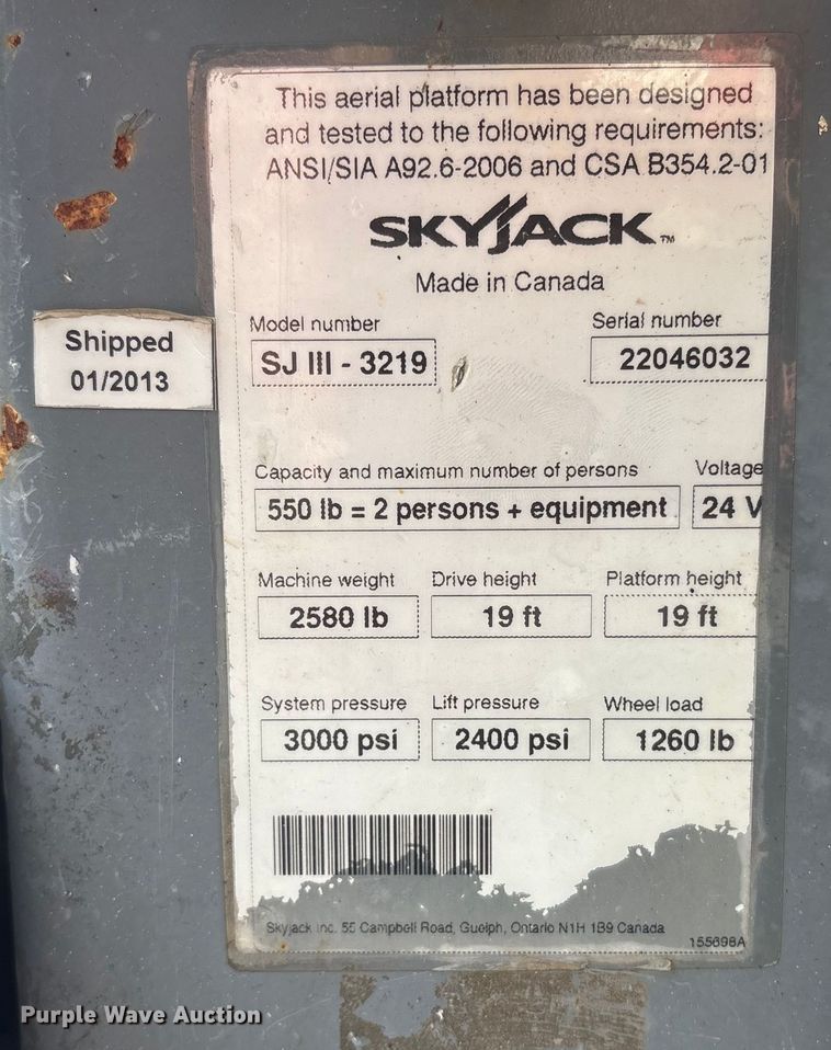 image for item ET8516 2013 Skyjack SJIII 3219 Scissor lift