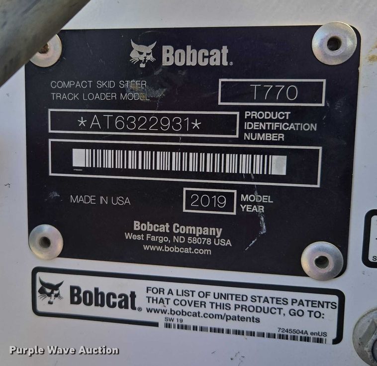 image for item EV1522 2019 Bobcat T770 tracked skid steer loader