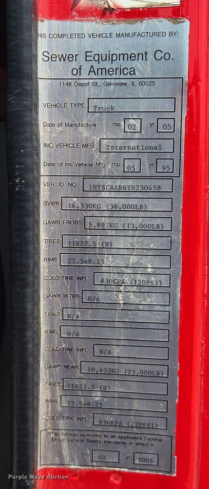 image for item EV1554 1996 International 4700 sewer jetter truck