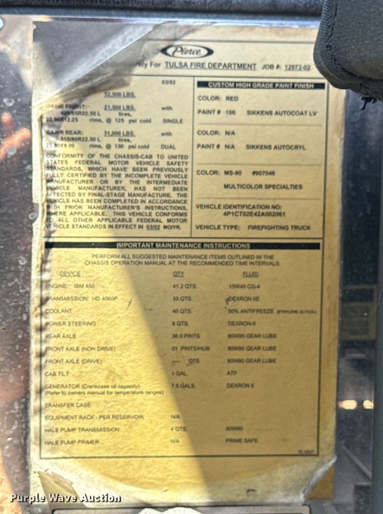 image for item DJ7757 2002 Pierce  Tilt cab pumper fire truck