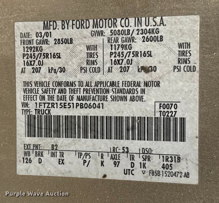 image for item DJ9702 2001 Ford Ranger SuperCab pickup truck