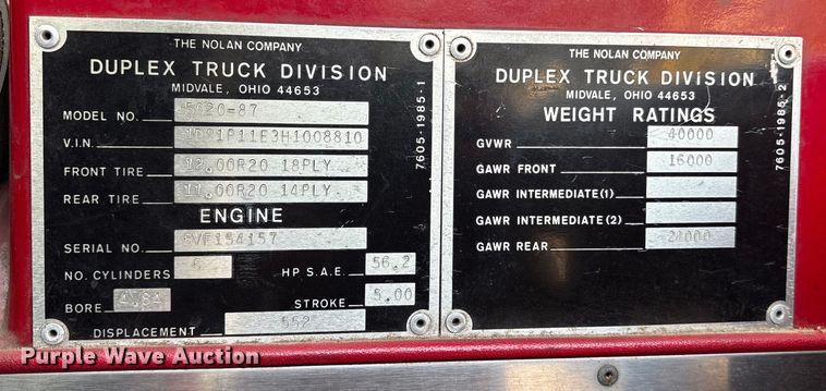 image for item DM1965 1987 Duplex 5020-87 pumper fire truck