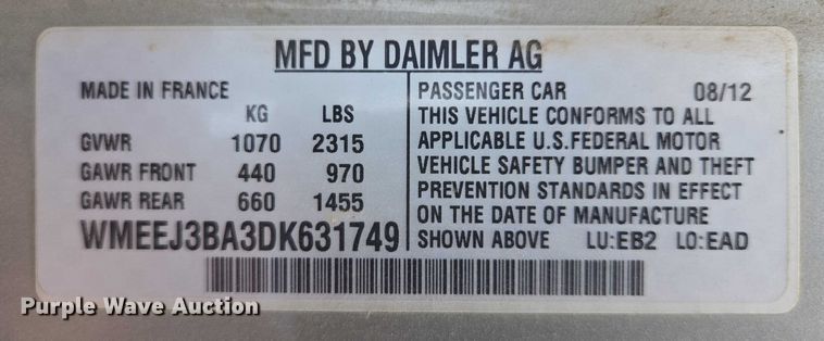 image for item DY1089 2013 Smart Fortwo 