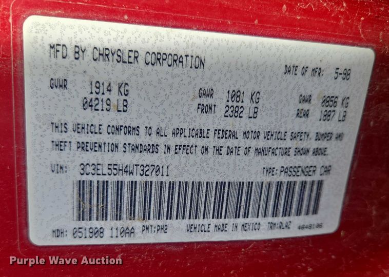 image for item DY1091 1998 Chrysler Sebring convertible