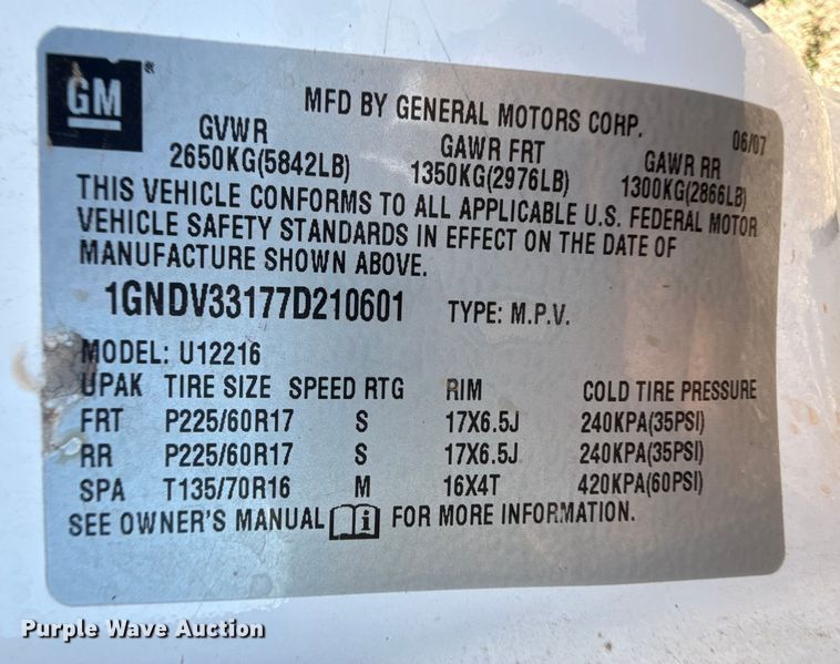 image for item DZ8892 2007 Chevrolet Uplander van