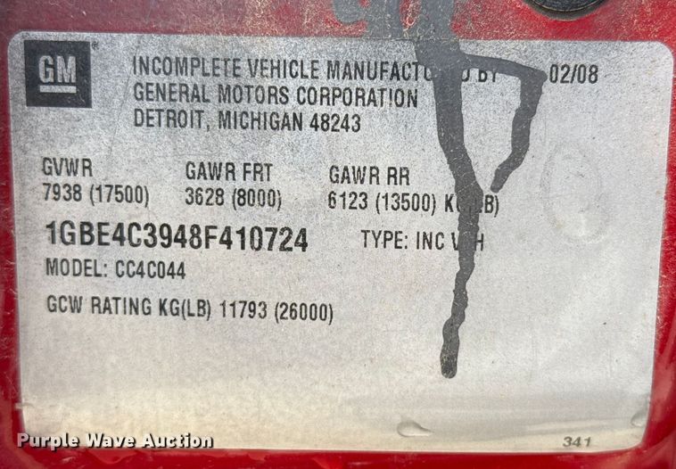 image for item DZ8923 2008 Chevrolet C4500 truck cab and chassis