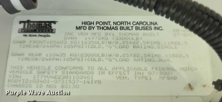 image for item EF3708 2008 Thomas Built HDX school bus