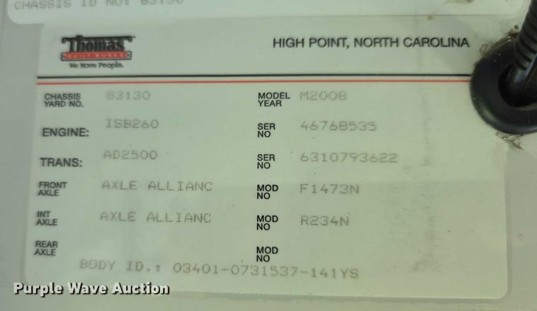 image for item EF3708 2008 Thomas Built HDX school bus