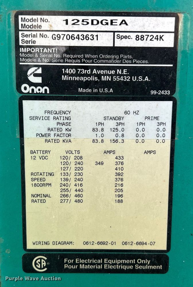 image for item ET3016 Onan 125DGEA generator