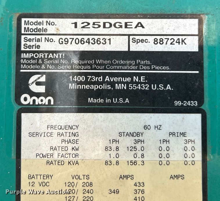 image for item ET3016 Onan 125DGEA generator