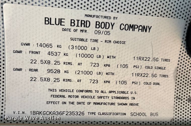 image for item EU0021 2006 Blue Bird Vision school bus