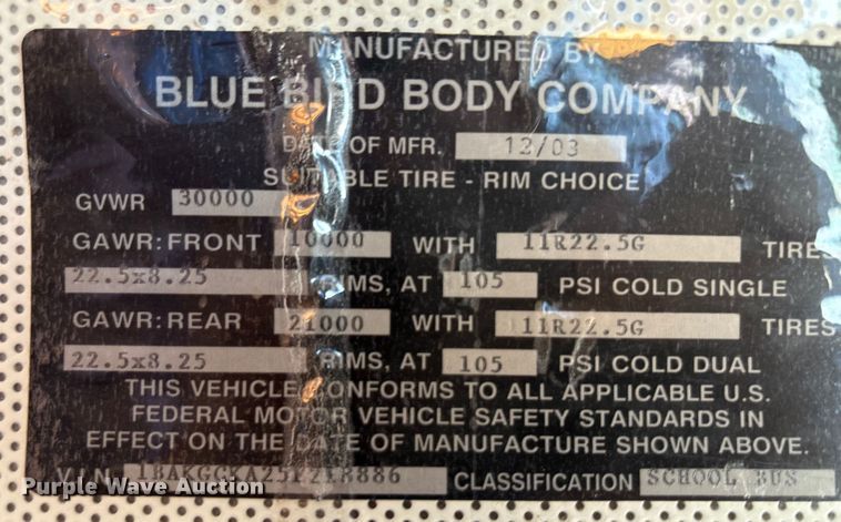 image for item EU0022 2005 Blue Bird Vision school bus