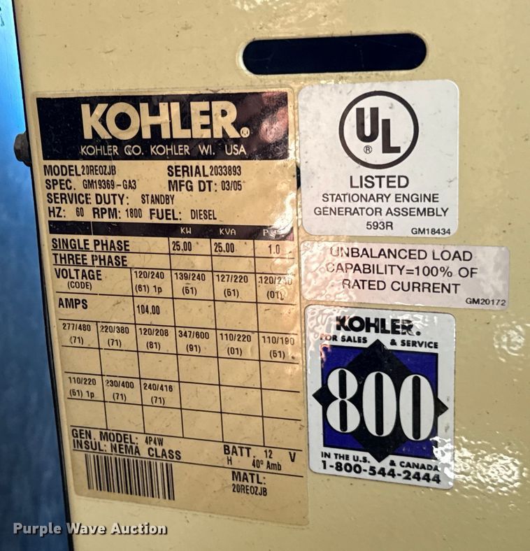 image for item EU2145 2005 Kohler 2OREOZJB generator