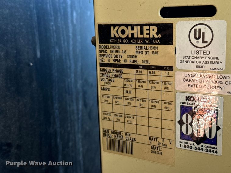 image for item EU2145 2005 Kohler 2OREOZJB generator