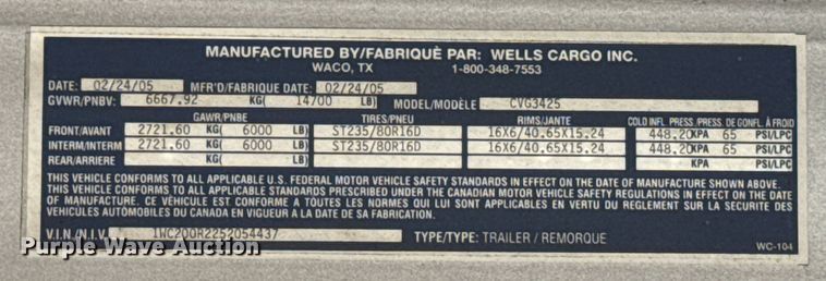 image for item EU2147 2005 Wells Cargo Inc CVG3425 enclosed cargo trailer