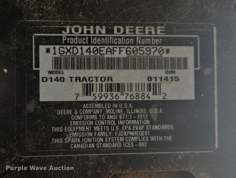 image for item EV1502 2015 John Deere D140 lawn mower