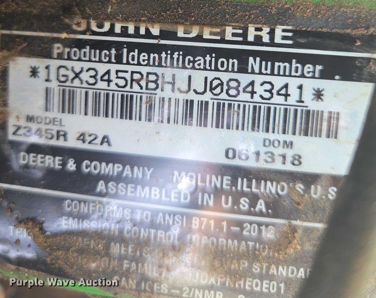 image for item EV1503 2018 John Deere Z345R ZTR lawn mower