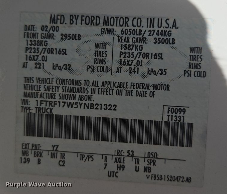 image for item EV1531 2000 Ford F150 pickup truck