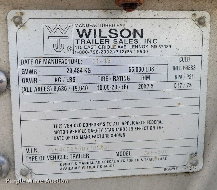 image for item DX7435 2013 Wilson Pacesetter grain trailer
