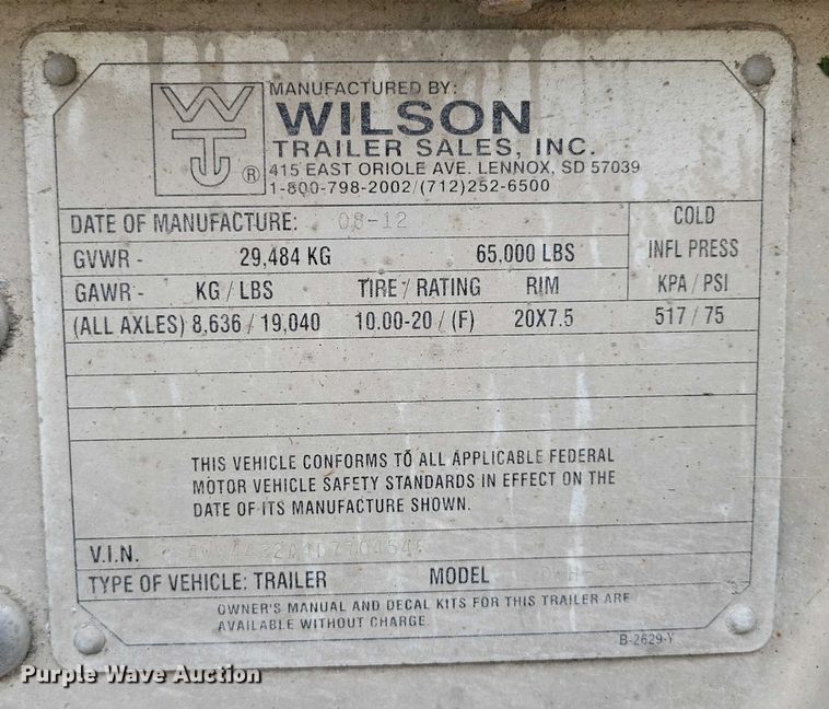 image for item DX7436 2013 Wilson Pacesetter grain trailer