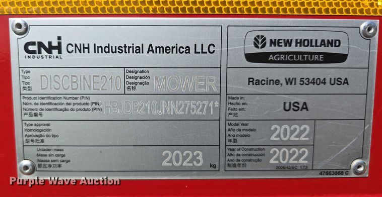 image for item EO1605 2022 New Holland Discbine 210  swather / windrower