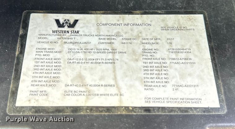 image for item DJ9694 2018 Western Star 5700 XE semi truck