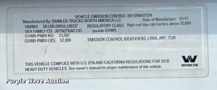 image for item DJ9694 2018 Western Star 5700 XE semi truck