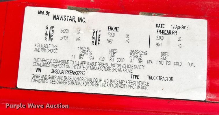 image for item DU1251 2014 International Pro Star Plus semi truck