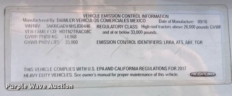 image for item DW3494 2017 Freightliner Cascadia semi truck