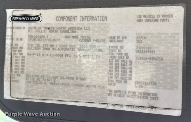 image for item DW3496 2015 Freightliner Business Class M2 semi truck