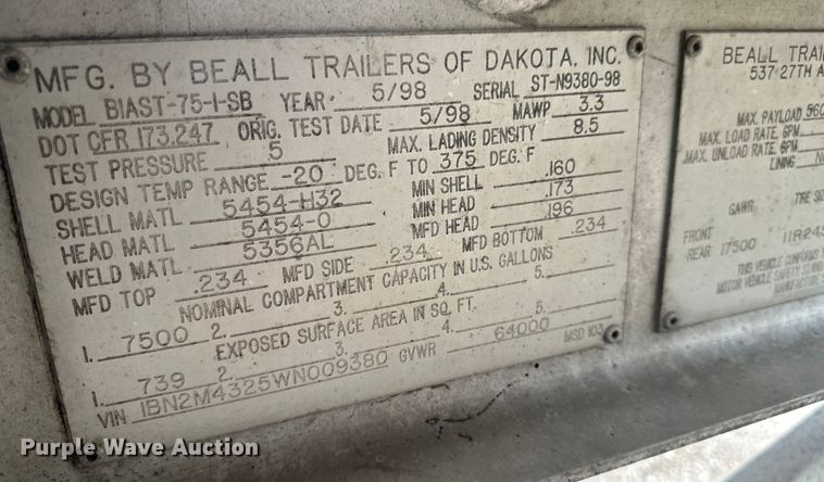 image for item EB2861 1998 Beall BIAST-75-I-SB tank trailer