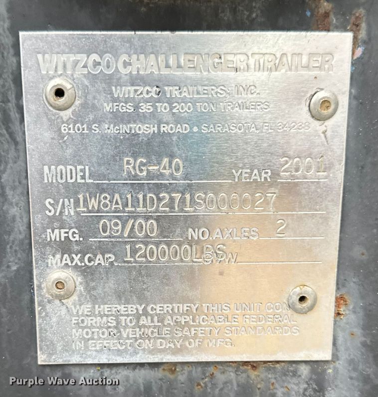 image for item EB2863 2001 Witzco Challenger RG-40 lowboy equipment trailer