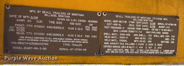 image for item EC4394 2008 Beall BIAST-96-3-SB tank trailer