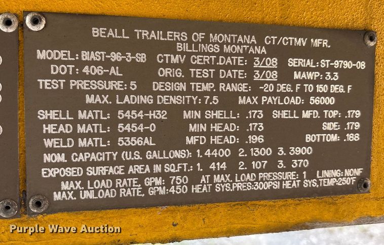 image for item EC4394 2008 Beall BIAST-96-3-SB tank trailer