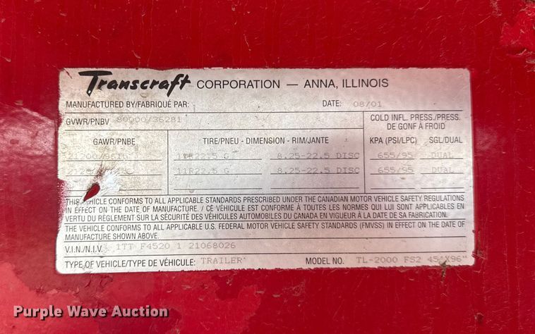 image for item EF2145 2002 Transcraft TL-2000 flatbed trailer