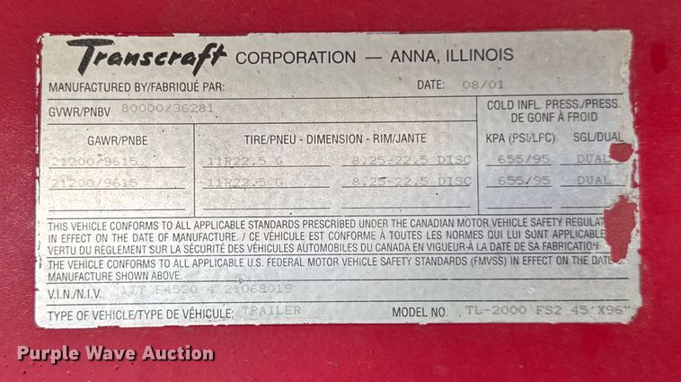 image for item EF2149 2002 Transcraft TL-2000 flatbed trailer