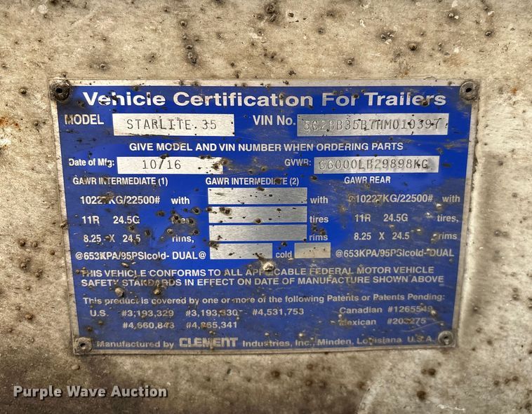 image for item EN5541 2017 Clement Starlite 35 end dump trailer