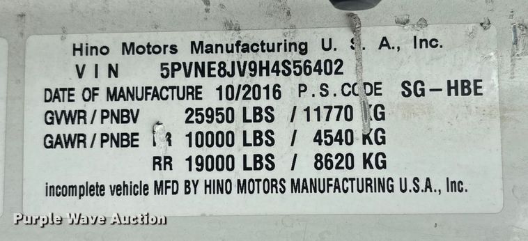 image for item ET8519 2017 Hino 268 box truck