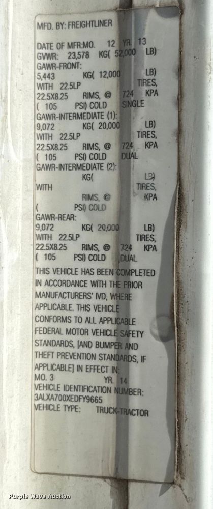 image for item EU2111 2014 Freightliner Columbia CL120 glider kit semi truck