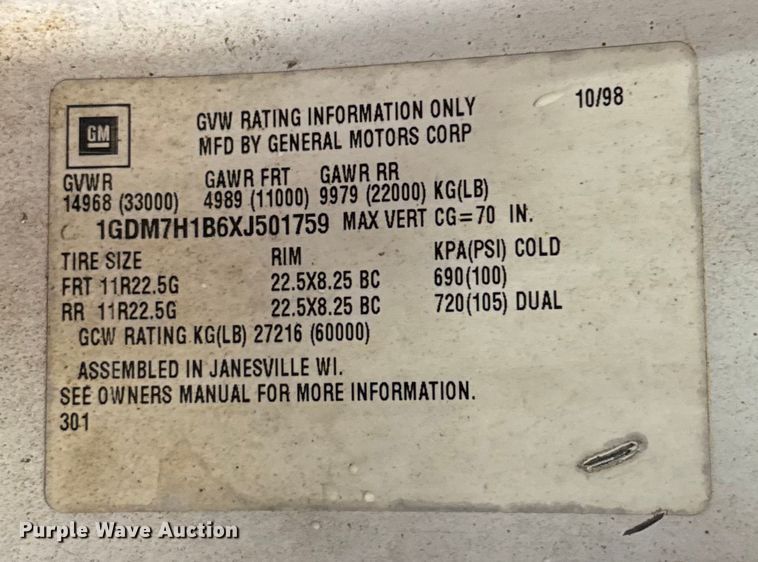 image for item EU2167 1999 GMC C7500 truck cab and chassis