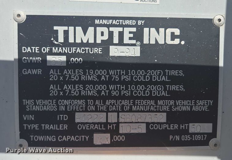 image for item EV1619 1995 Timpte grain trailer