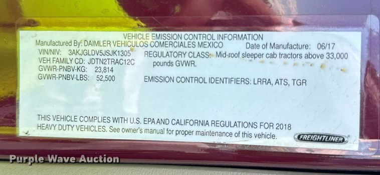 image for item YA0356 2018 Freightliner Cascadia 125 semi truck