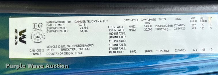 image for item YA0692 2019 Western Star  5700 semi truck