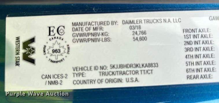 image for item YA0692 2019 Western Star  5700 semi truck