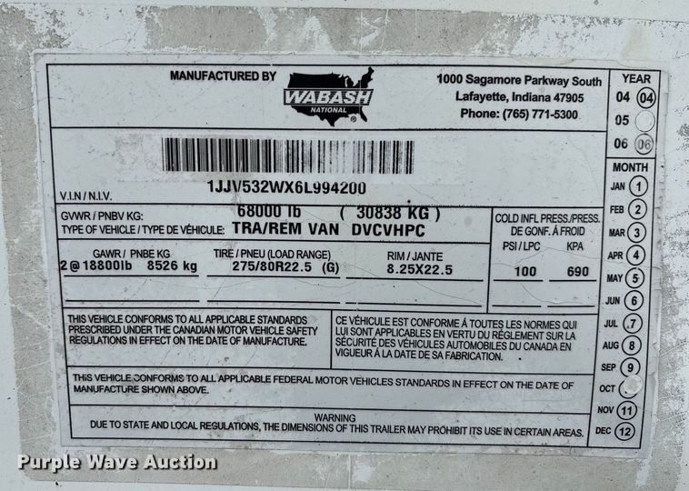 image for item YA0825 2006 Wabash DVCVHPC dry van trailer