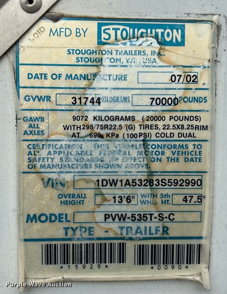 image for item YA0827 2003 Stoughton dry van trailer